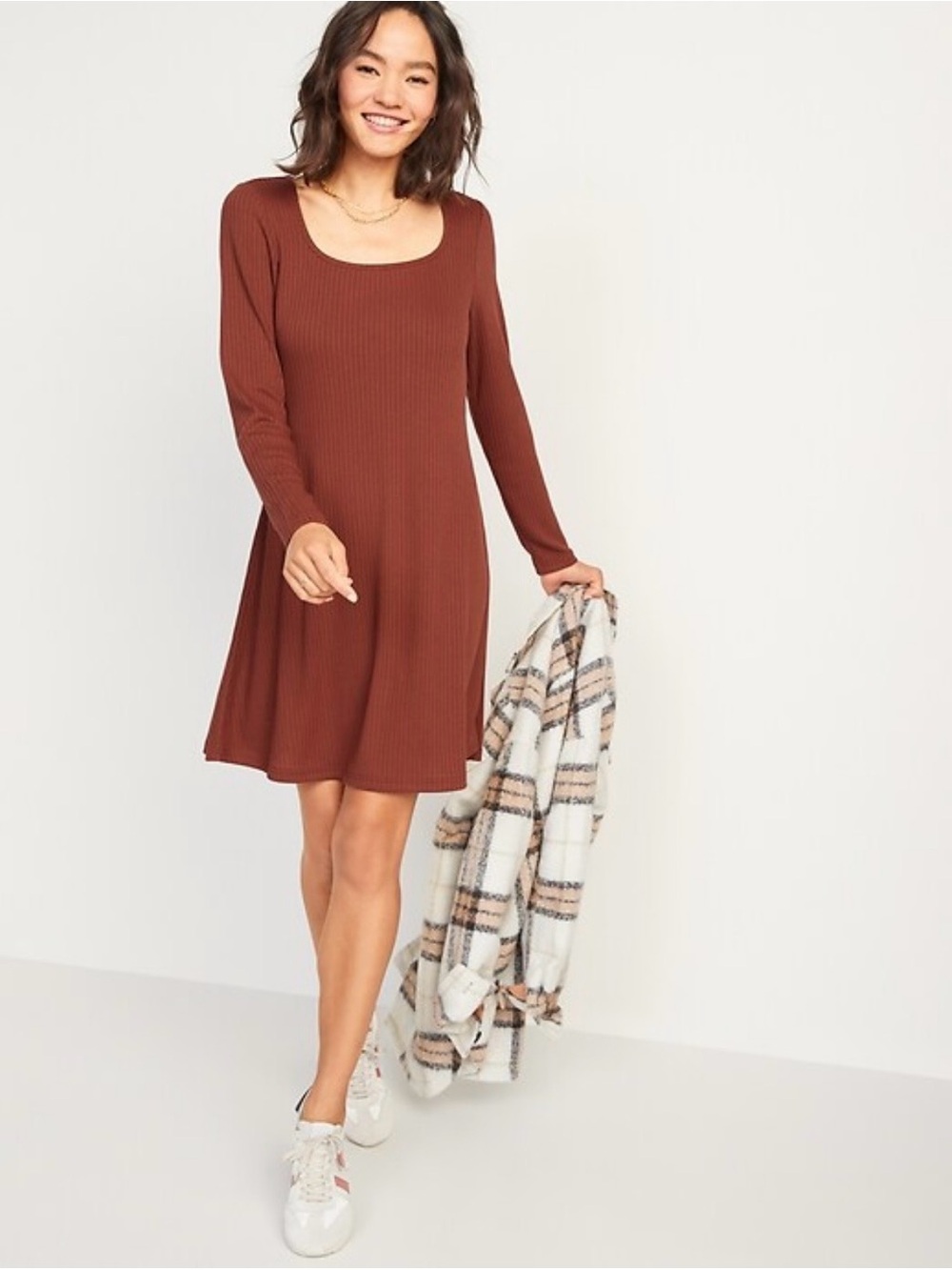Old Navy Ribbed Square-Neck Long-Sleeve Dress in Rust Brown